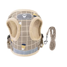 Pet Mesh Harness Dog Leash Set Reflective Chest Strap Adjustable Puppy Vest For Puppies Breeds Dogs Cats Walking Outdoor (Color: Khaki, size: large)