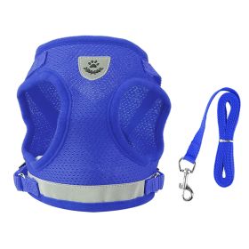 Pet Mesh Harness Dog Leash Set Reflective Chest Strap Adjustable Puppy Vest For Puppies Breeds Dogs Cats Walking Outdoor (Color: Blue, size: large)